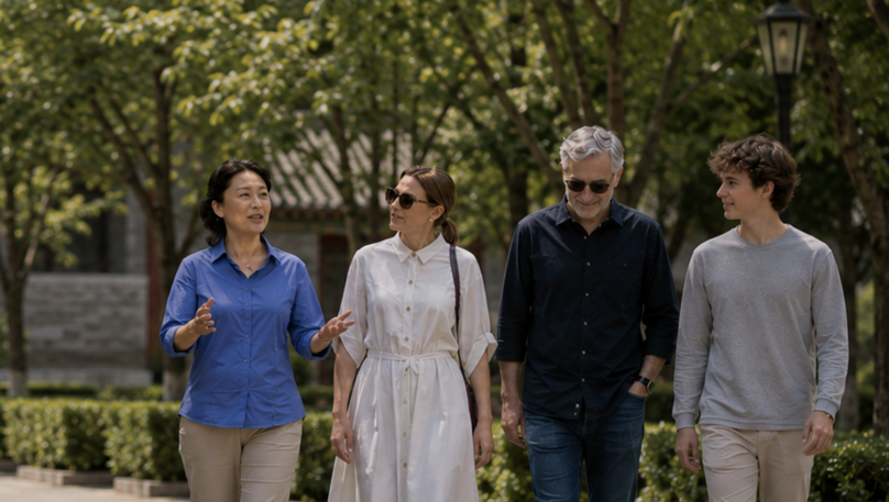 A family walking through a Chinese cultural site on a Khora program